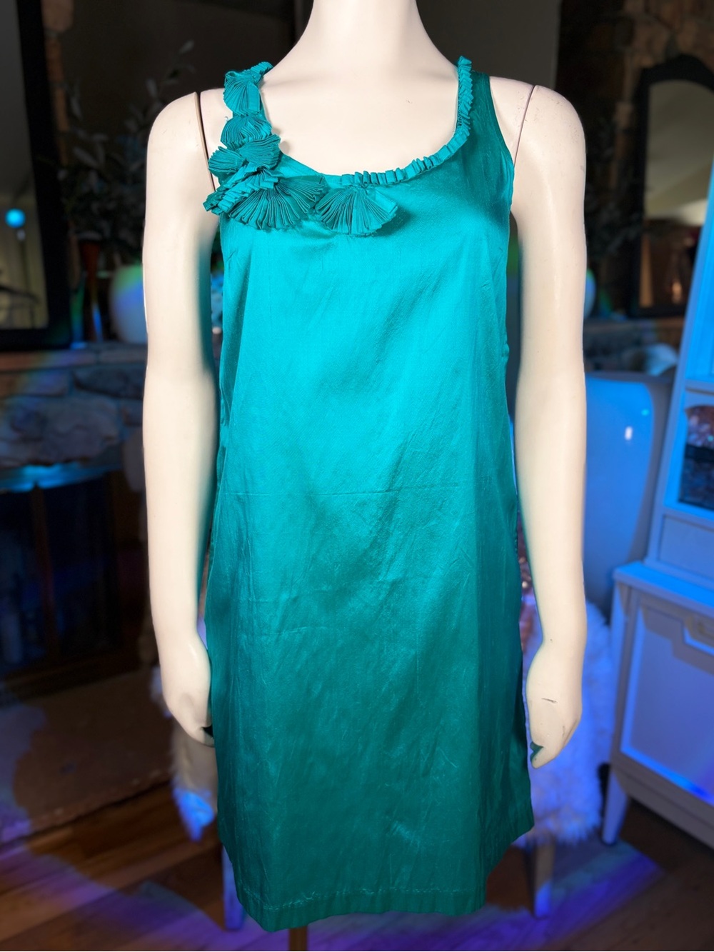 Calypso St. Barth Turquoise 100% Silk Sleeveless Dress w/ Ribbon Accents, Sz XS